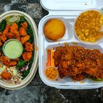 Kickin's Chicken Salad ($12.95) and Chicken n' Fixin's platter ($14.95)
